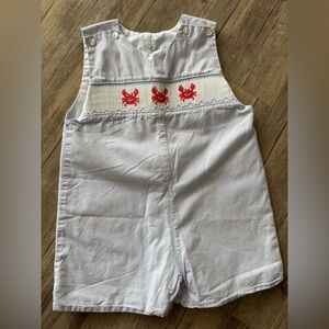 Blue and white crab smocked Jon Jon shortalls